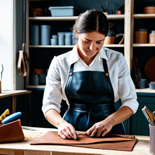Home 6 **
A skilled artisan in a brightly lit workshop, crafting a leather handbag with meticulous detail. She's wearing a practical, fully clothed work outfit: dark trousers, a button-down shirt, and an apron. Tools and materials are neatly arranged around her. Background showcases shelves filled with colorful leather hides. Safe for work, appropriate content, fully clothed, professional setting, perfect anatomy, natural proportions, high quality, well-formed hands, proper finger count, natural body proportions, modest attire.
**