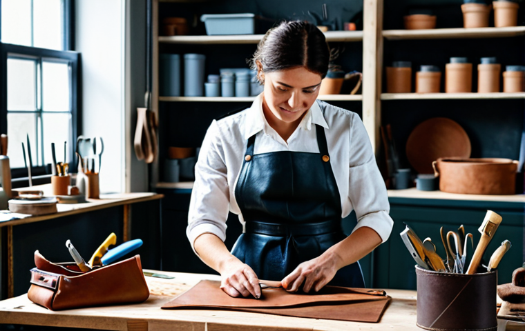 **
A skilled artisan in a brightly lit workshop, crafting a leather handbag with meticulous detail. She's wearing a practical, fully clothed work outfit: dark trousers, a button-down shirt, and an apron. Tools and materials are neatly arranged around her. Background showcases shelves filled with colorful leather hides. Safe for work, appropriate content, fully clothed, professional setting, perfect anatomy, natural proportions, high quality, well-formed hands, proper finger count, natural body proportions, modest attire.
**
