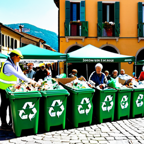 Home 4 지속가능한 재활용 프로그램 운영 가이드 - Community Recycling Event**
"A vibrant scene at a community recycling event in a small Italian town...