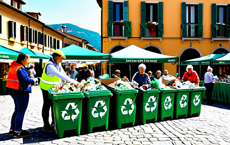 지속가능한 재활용 프로그램 운영 가이드 - Community Recycling Event**
"A vibrant scene at a community recycling event in a small Italian town...